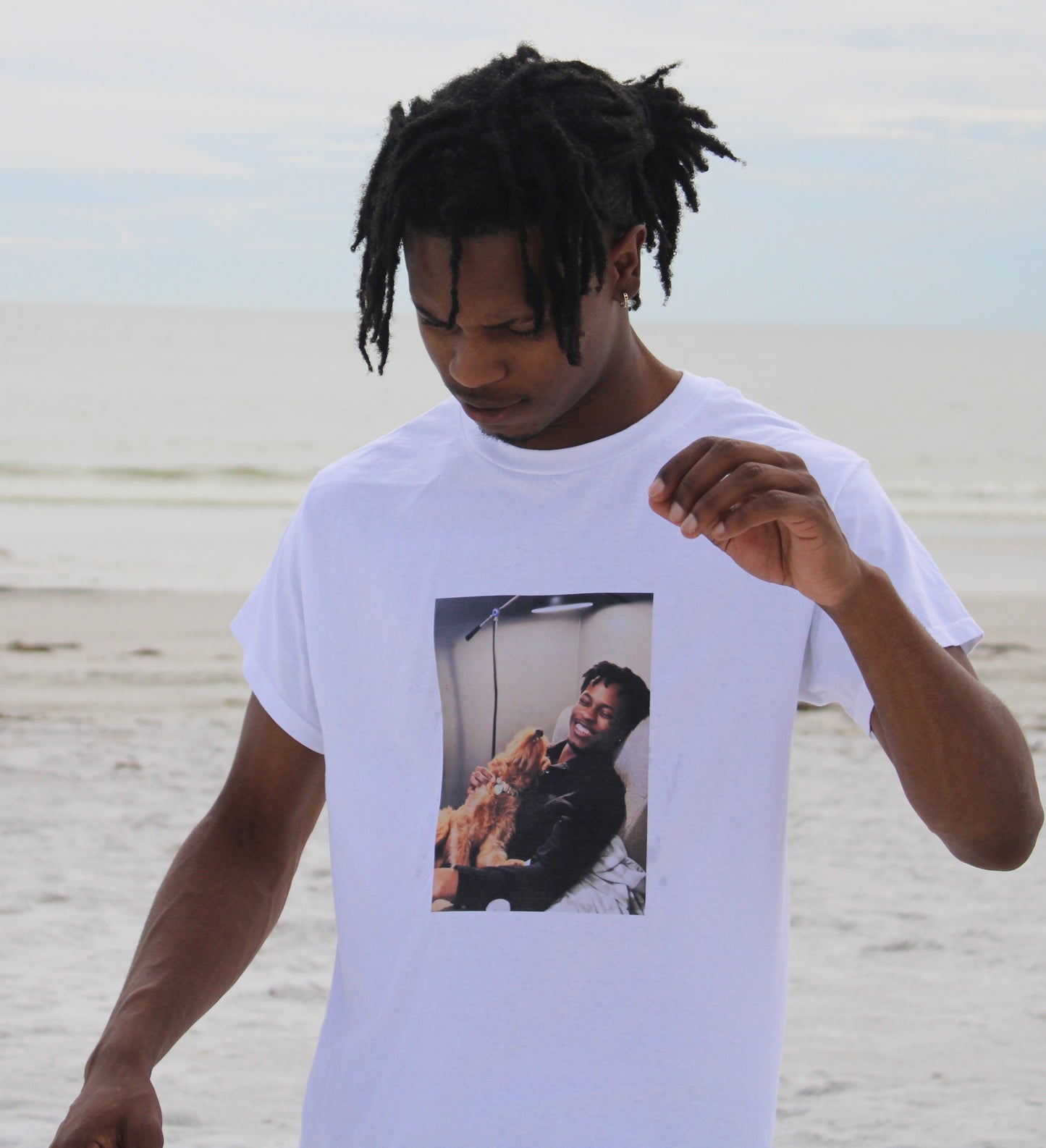 short sleeve white t-shirt with pic of KJ and goldendoodle