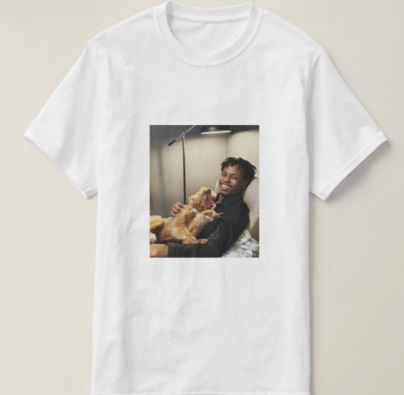 short sleeve white t-shirt with pic of KJ and goldendoodle